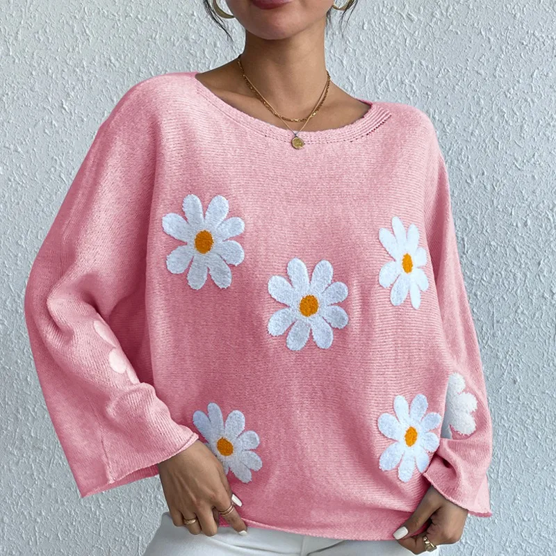New Spring Women's Embroidered Flower Decor Casual Loose Bat Sleeves Knitted Top Temperament Commuting Female Fashion Pullovers