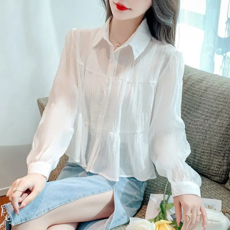 Nuova estate delle donne elegante fata sottile protezione solare camicia solido dolce Chic risvolto camicetta in Chiffon manica lunga sciolto top Casual Blusas