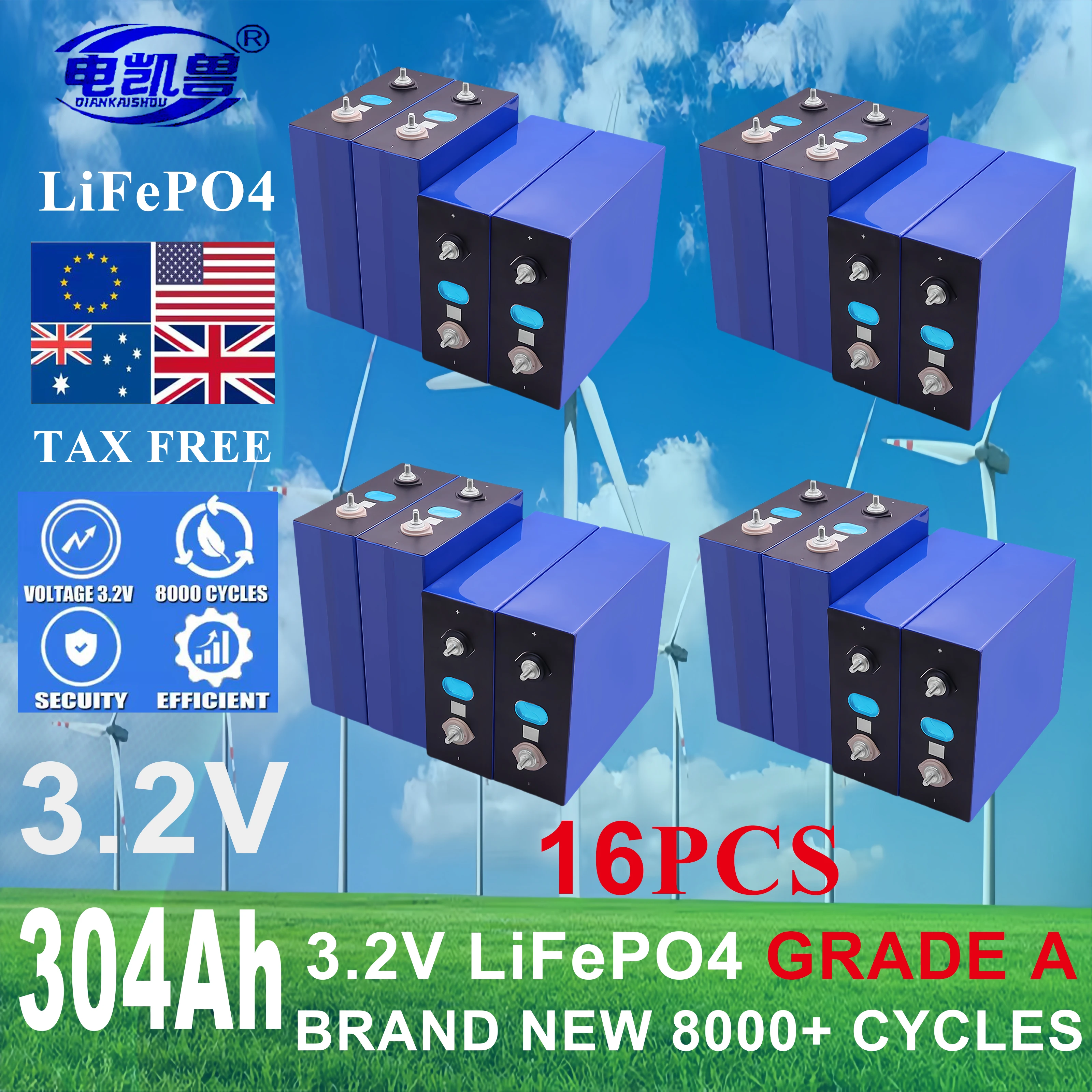 

16 шт. 3,2 В 304 Ач 8000 циклов LiFePO4 аккумулятор DIY 12 В 24 В 48 В для электромобиля RV Campers Golf Cart Off-Road Solar Wind TAX FREE