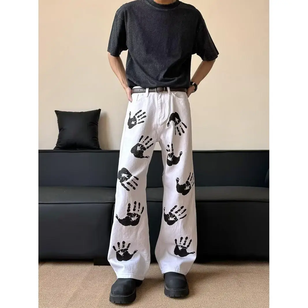 

Джинсы унисекс Slim Fit в стиле хип-хоп с принтом «американские пальмы», широкие штанины, длина в пол, уличный стиль, модные, из смесового хлопка и полиэстера