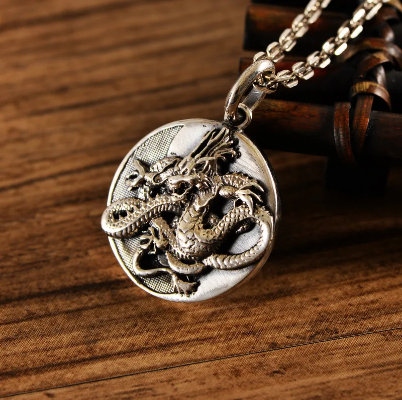 S925 Silver Jewelry Vintage Thai Silver Four Divine Beasts Dragon Pendant Male Bagua Spirit Beast Round Card Zodiac Necklace Gif