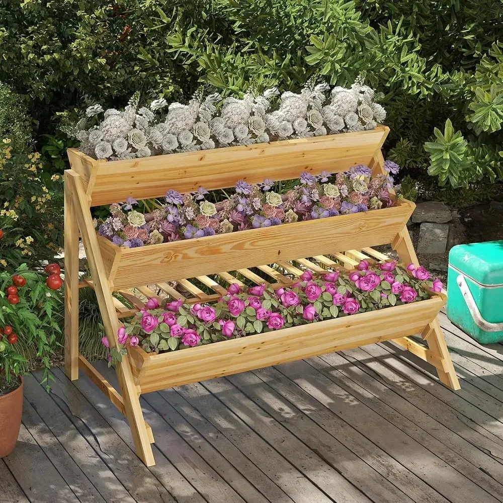 3-Tier Elevated Garden Bed with Storage Shelf, Durable Pine Wood Planter for Vegetables, Herbs, and Flowers