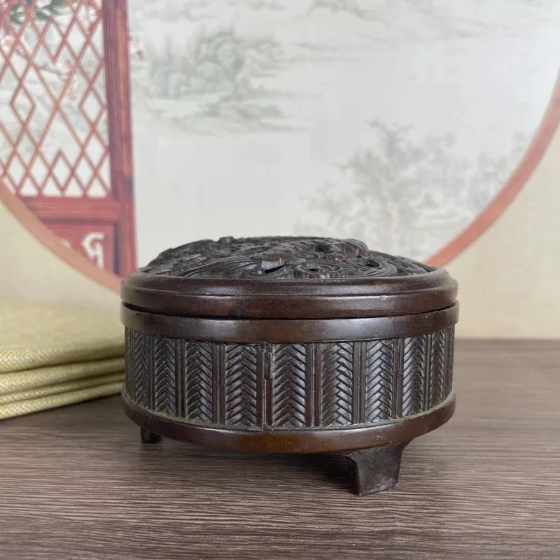 Vintage copper with bamboo motif and single dragon design, this antique incense burner is exquisitely crafted wit