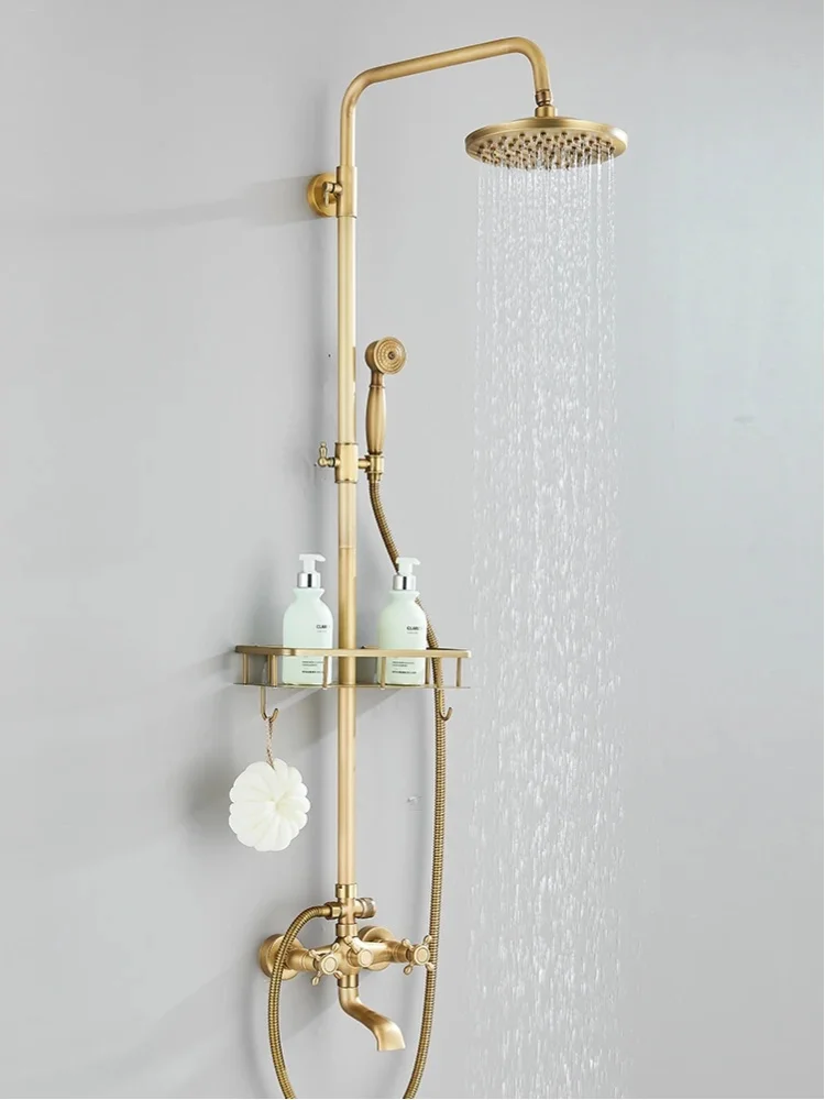 Rosin Antik-Messing Duscharmatur-Set Badezimmer-Duschsäule mit Ablage Regendusche Warm-Kalt-Wassermischer Handbrause