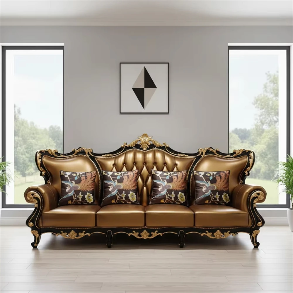 &European-style Sofa Cover Luxurious, Villa, Genuine Leather, Solid Wood Carved Decoration