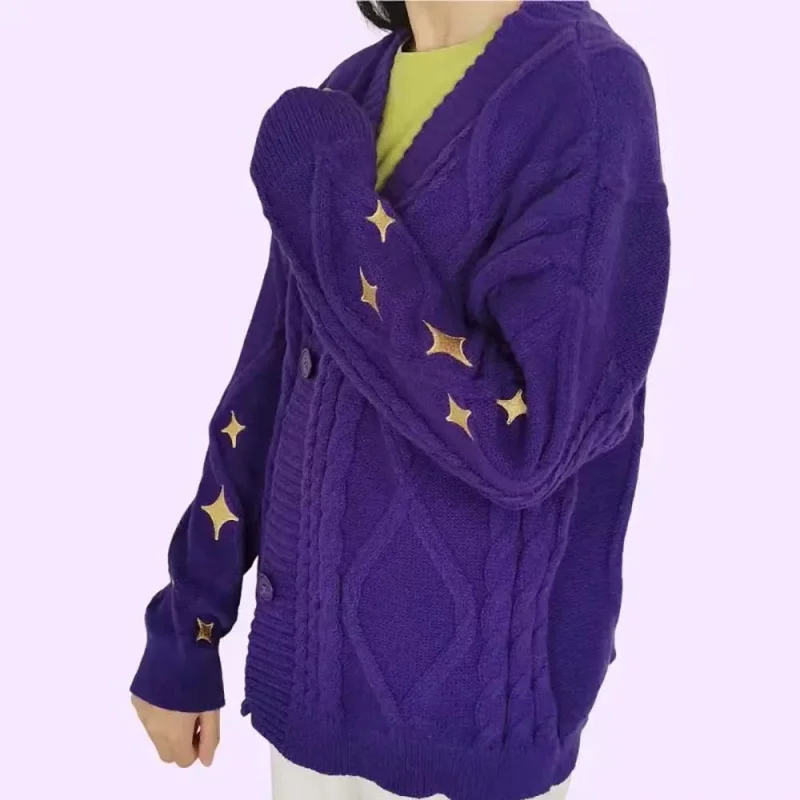 

Autumn Winter New Purple Sweater Cardigan Coat European American Single-breasted Embroidery Casual Knitted Top