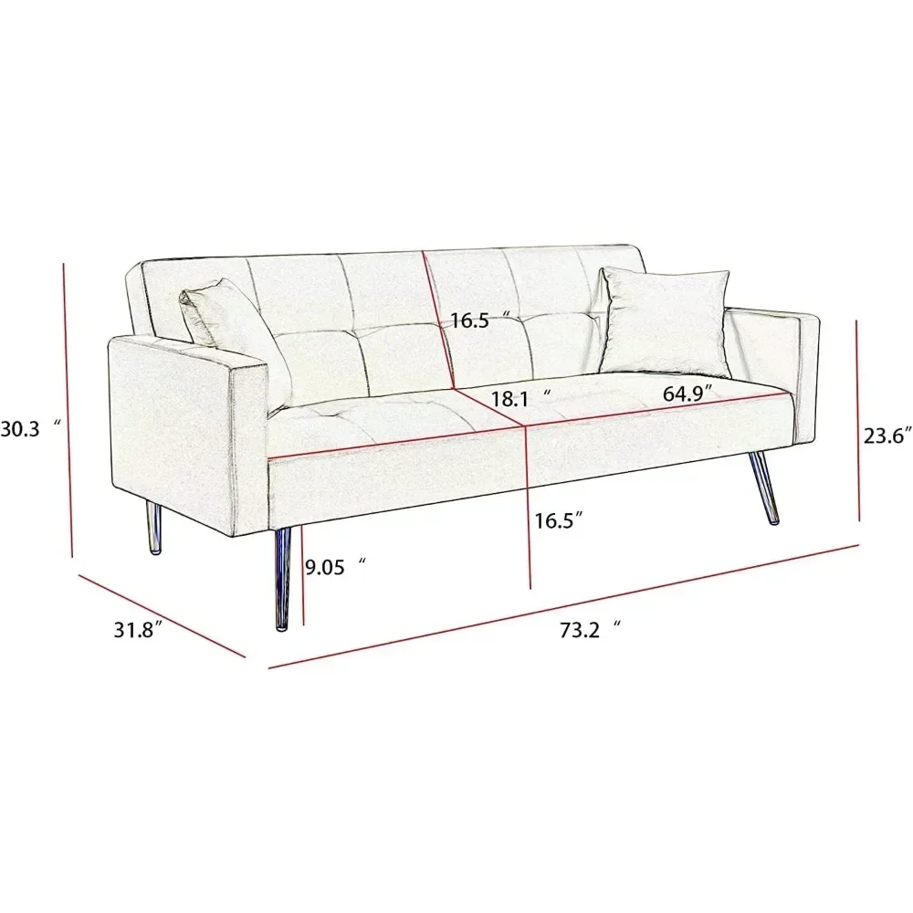 Living Room Loveseat Sofa Two Pillows, Velvet Futon Sofa Bed, 73-inch Sleeper Couch with 3 Reclining Angles (Cream White Velvet)