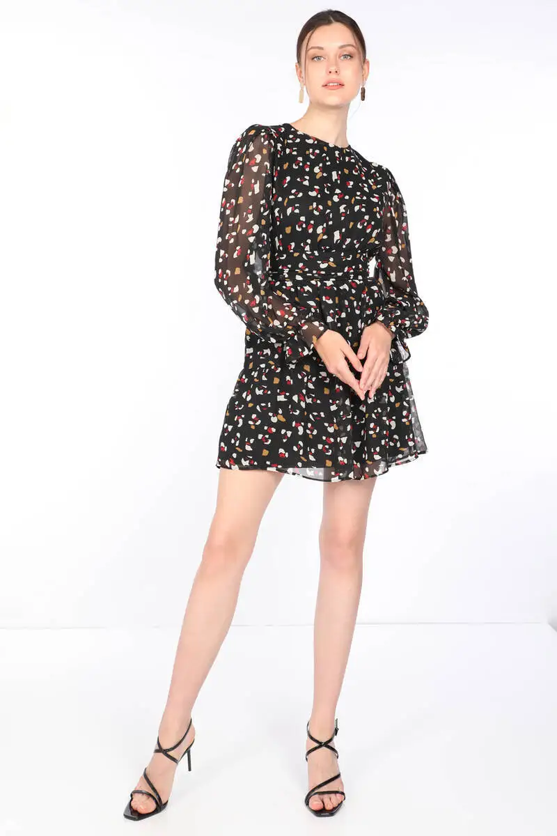 Women's Colorful Print Chiffon Dress Black