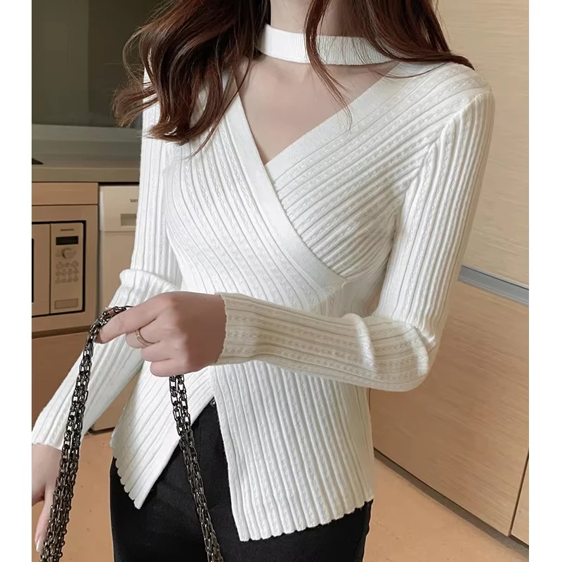 2025 outono elegante senhora do escritório fino ajuste pulôver camisola casual cor sólida malhas moda com decote em v cruz design camisola 9138