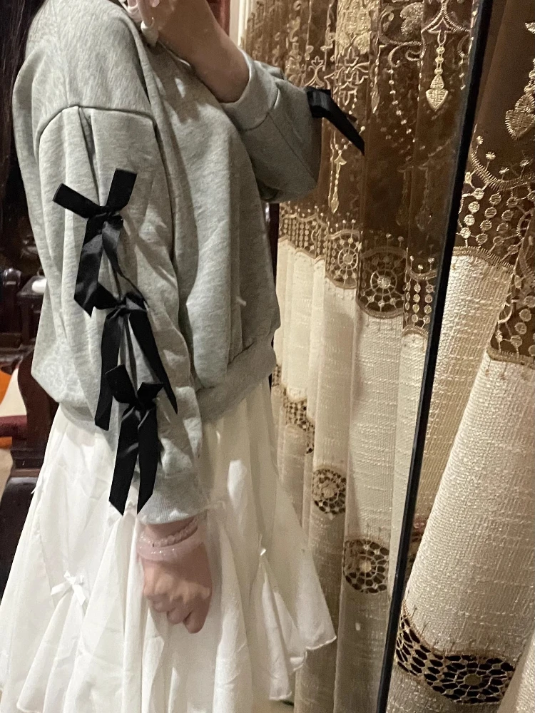 2025年韓国風レディースフーディー、オーバーサイズボウノットスウェットシャツ、キュートカジュアルプルオーバートップス、女性用秋Y2Kストリートウェア