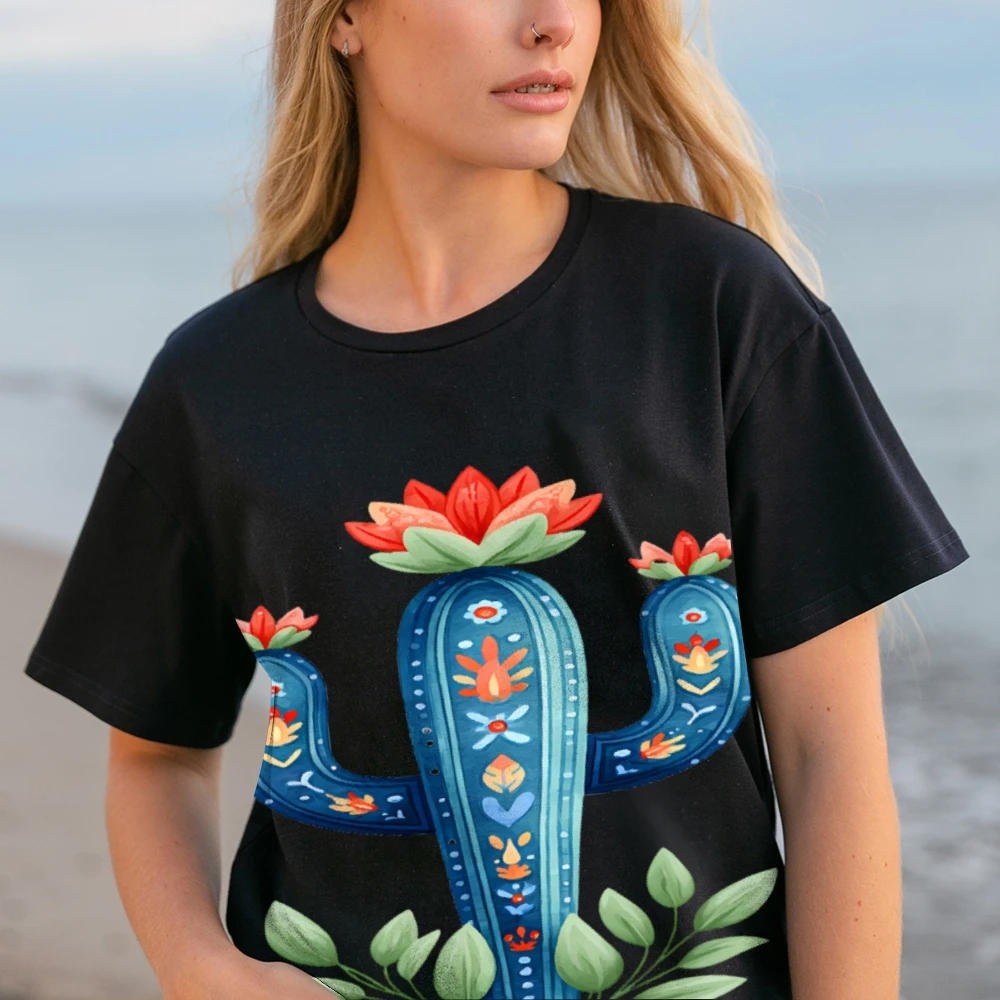 

Cactus Print T-Shirt for Women/Men - 100% Cotton Casual Short Sleeve Tee, Cute Desert Plant Graphic, Breathable Comfortable Fit