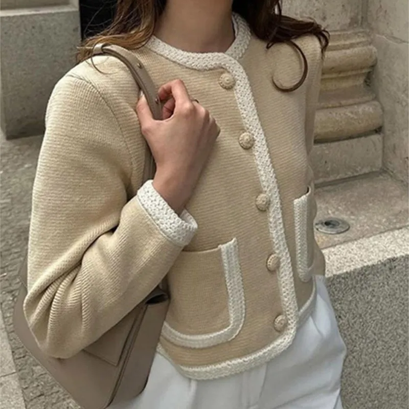 

Elegant Ladies Contrast Color Knit Cardigan Jacket Single Breasted New Long Sleeved Small Fragrant O-Neck Knitted Patchwork Coat