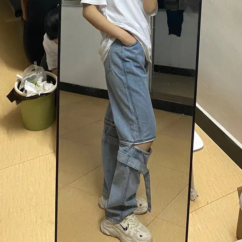 Broke jeans female autumn/winter 2024 American high street straight loose plus size zipper detachable slim wide-leg pants.