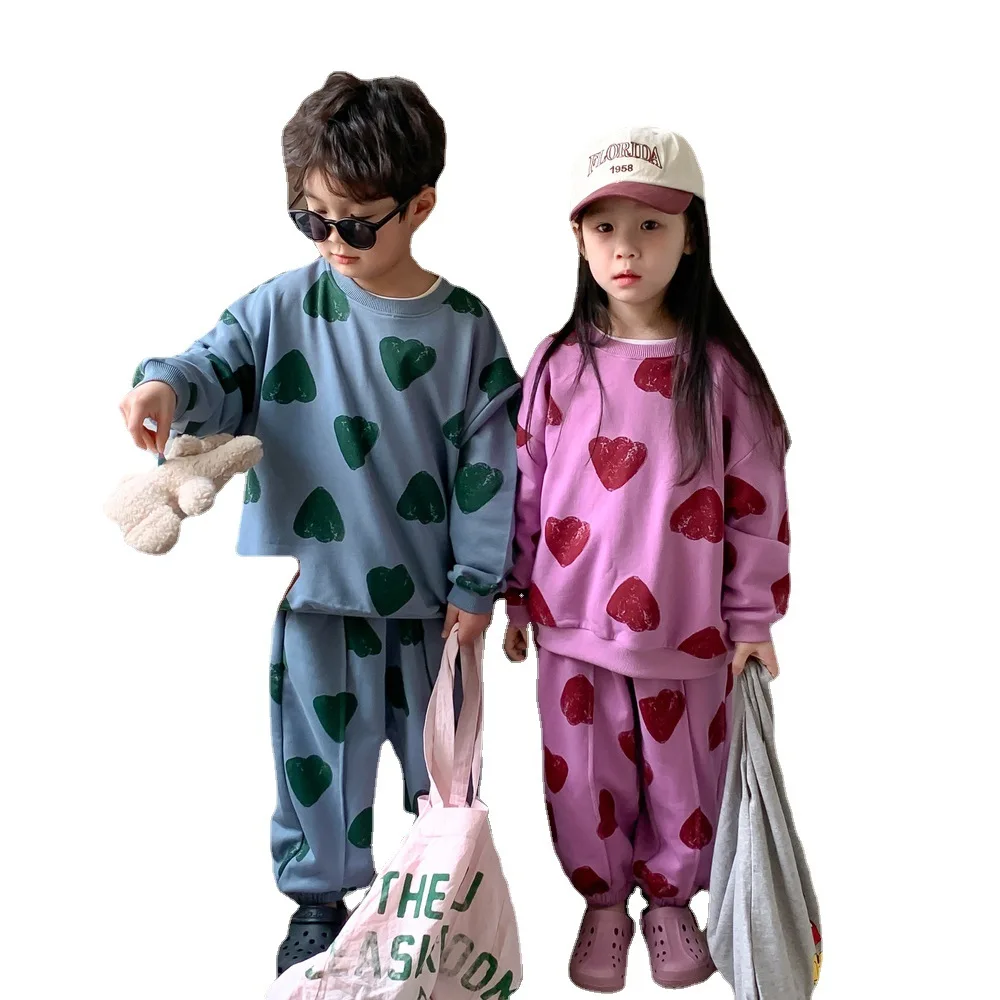 2024 Korean Spring Autumn Children Sibling Look Clothes Set Printed Love Jooger Suit Pullover Stretch Loose Toddler Outfits