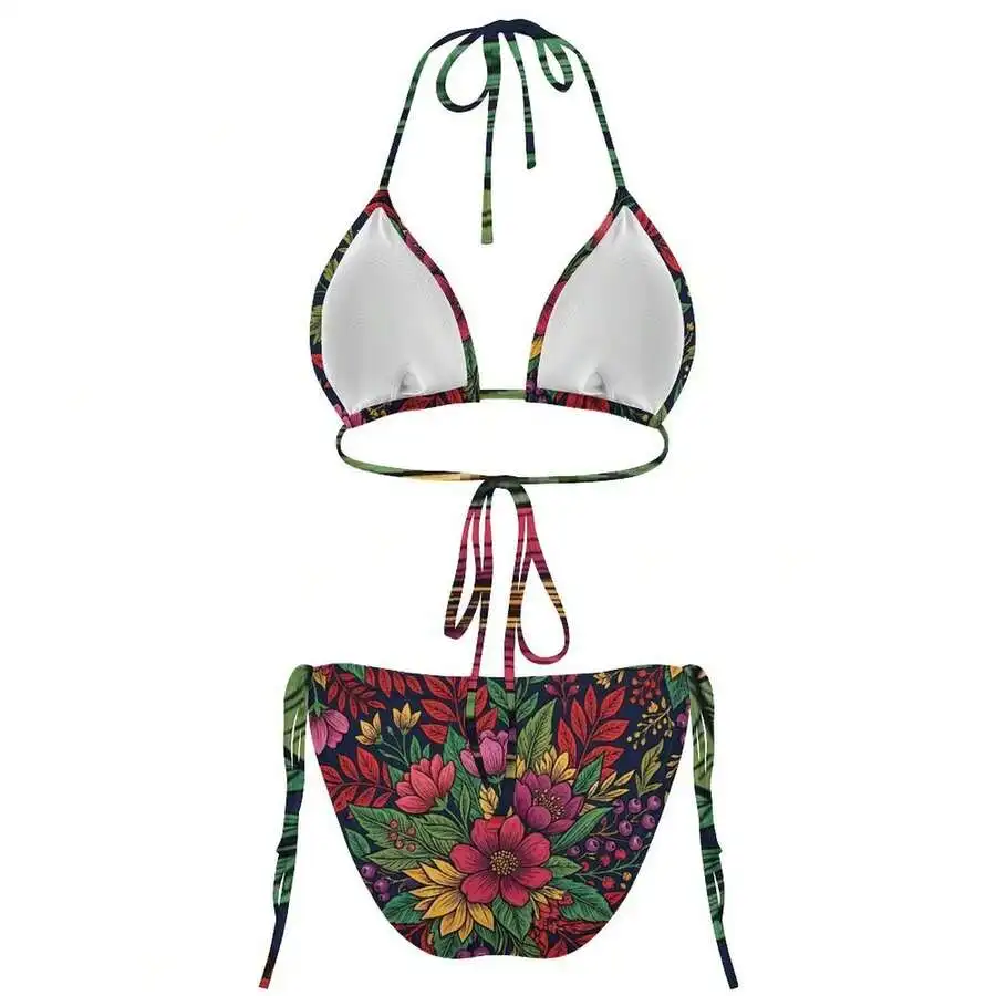 

Floral Print Halter Triangle Bikini Set With Removable Pads