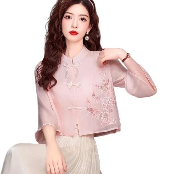 

Рубашки с вышивкой, женские рубашки в китайском стиле с цветочным принтом, розовые топы femme в китайском национальном стиле