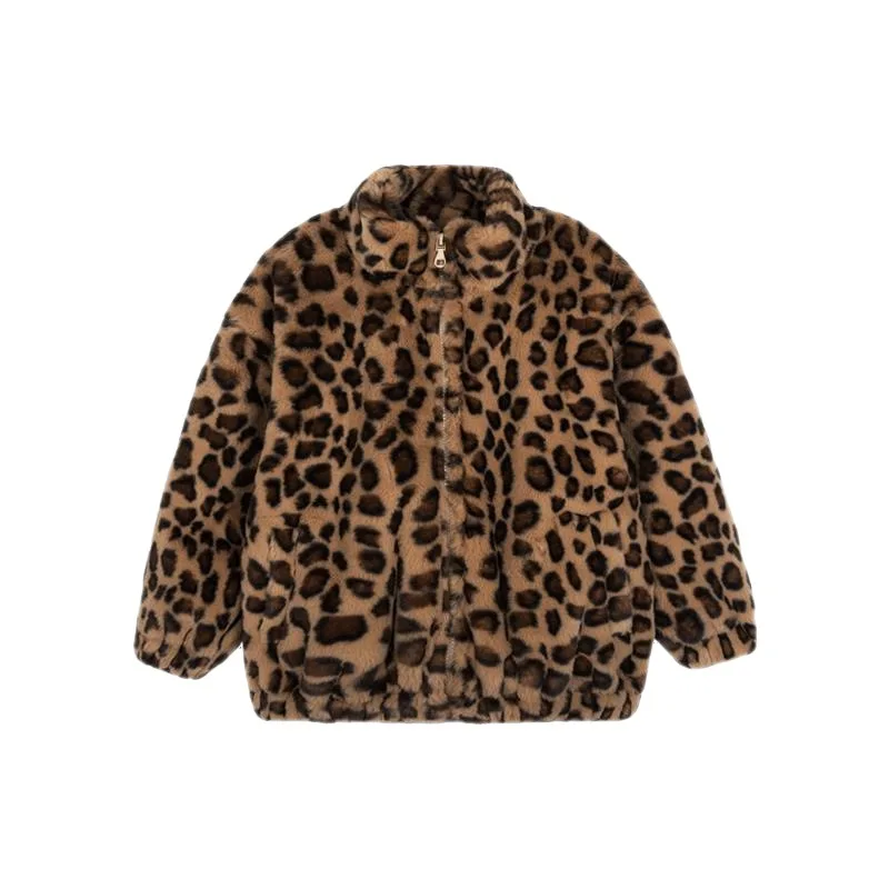 Girl Leopard Print Jacket Fleece Velvet Thicken Coat for Children Autumn Winter Cotton Padding Outwear 1 To 8 Years Kids Clothes