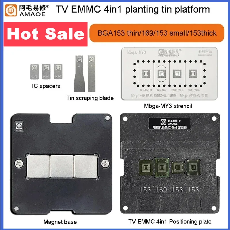 Amaoe TV EMMC 4in1 Reballing Stencil Jig Table with Mbga-MY3 Solder Net Location Board BGA153 BGA169 Tin Planting Repair Tools