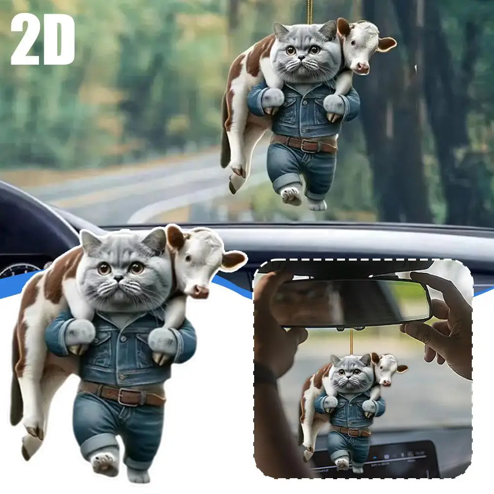 Car Auto Rearview Mirror Ornament With Lanyard Adorable Cat Design Animal Pendant Hanging Decoration Car Interior Accessories