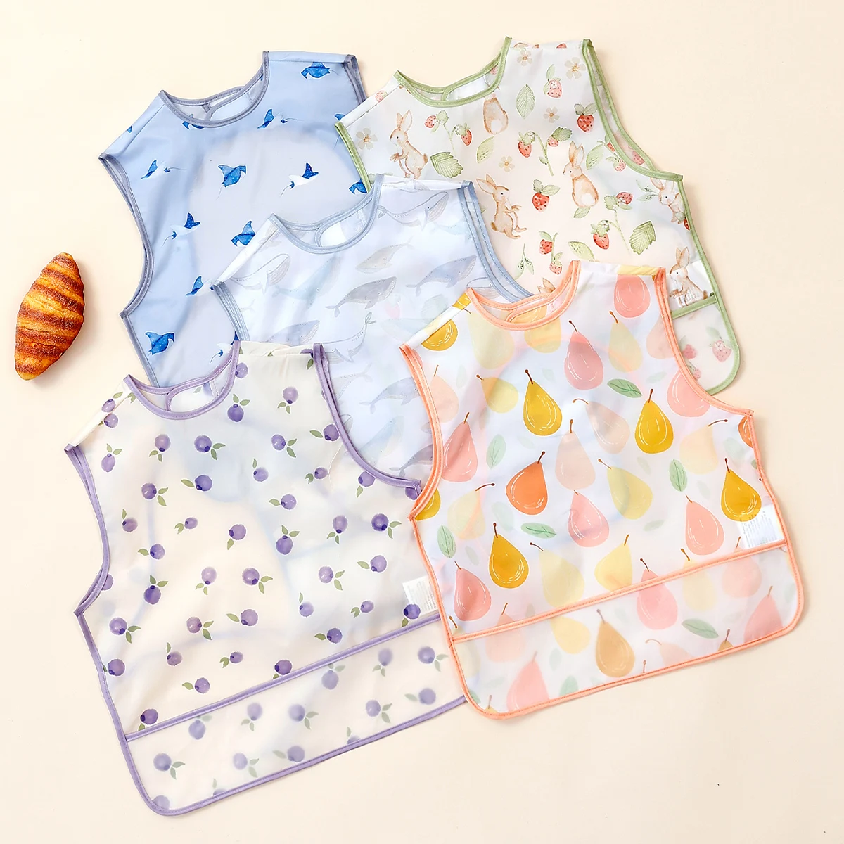 HappyFlute NEW Print Waterproof Baby Bib with Pocket And Hook&Loop Design One Piece Cartoon Print Sleeveless Multifunctional Use