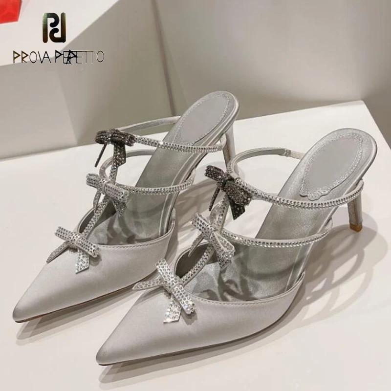 

Elegant Ladies Pointed Toe Half Slipper Shoe Rhinestone Bowtie Straps Slip on Satin Top Quailty Black Silver Thin Heel Slides