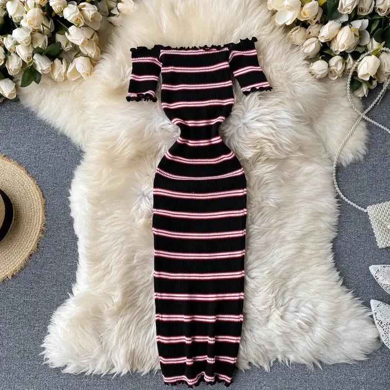 Summer Women Vintage Slash Neck Sundress Short Sleeve Knitted Dress Edible Tree Fungus Striped Elastic Bodycon Wrap Dress