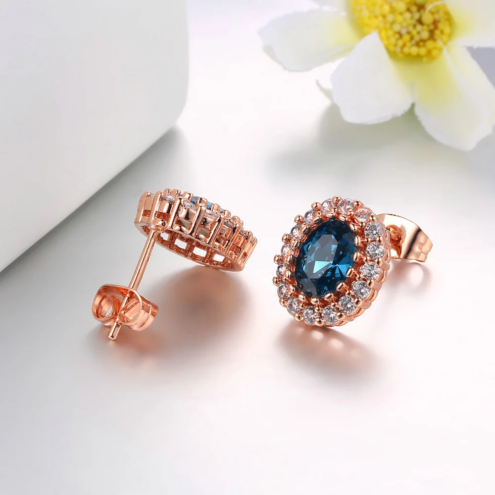Simple Red Blue Green Crystal Stud Earrings for Women Rose Gold Color Ear Piercing Wedding Party Fashion Jewelry Female Gift