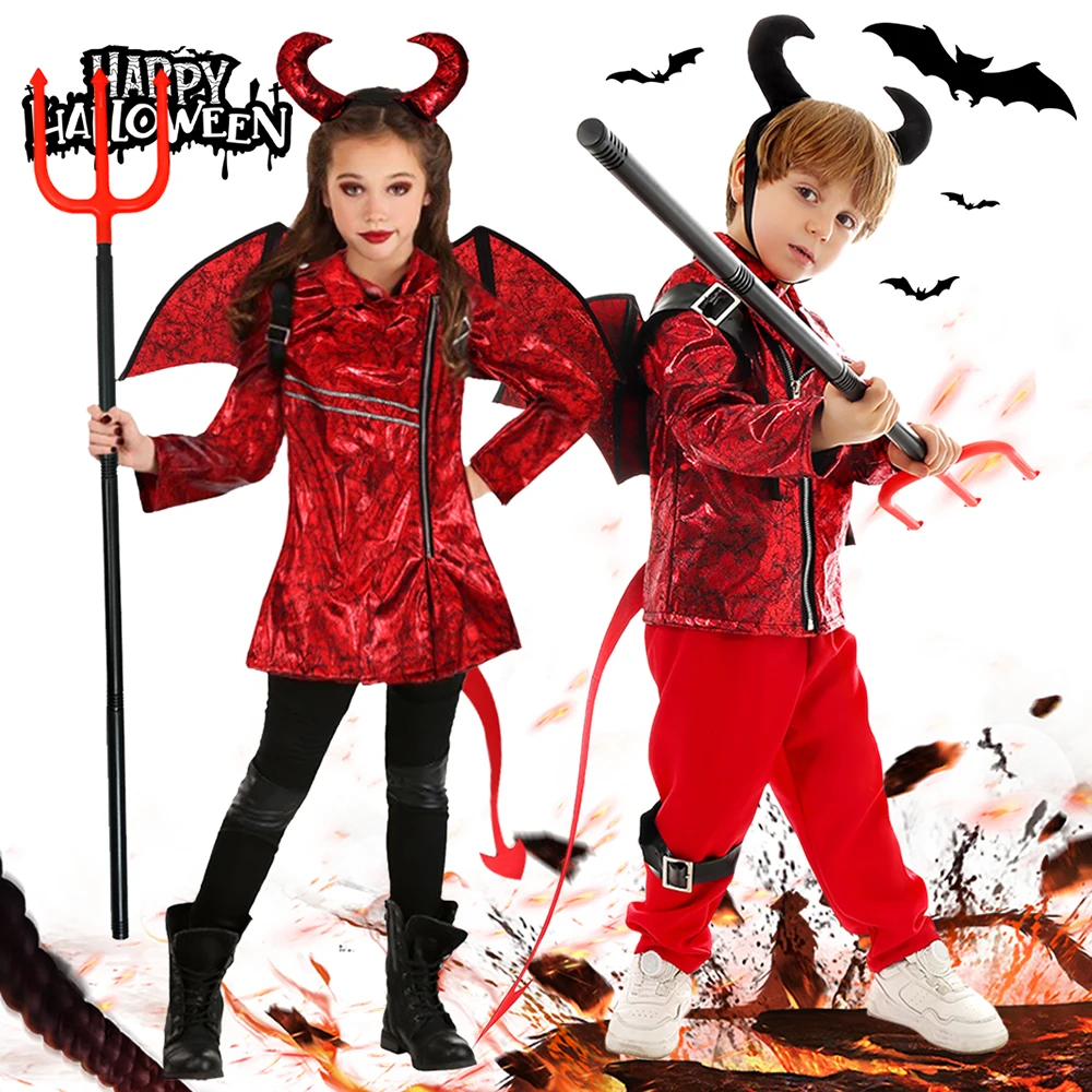 Umorden Kids Child Gothic Punk Demon Devil Costume Boys Girls Satan Cosplay With Horn Fork Wings Scary Halloween Costumes