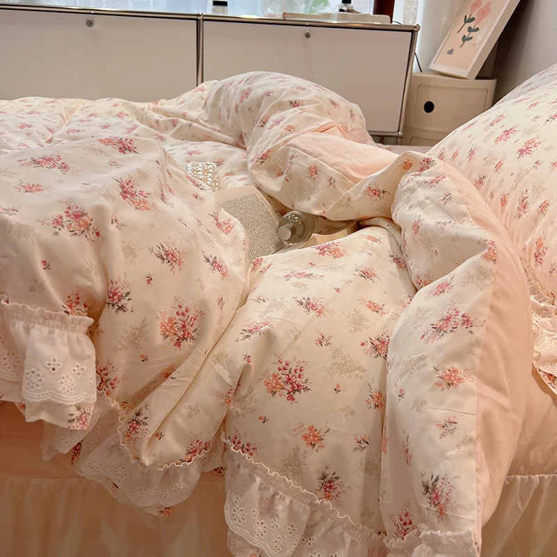 Romantic 100%Cotton Twin Bedding Elegant Pink Purple Floral Duvet Cover Set White Lace Ruffle 1.2/1.5/1.8m Bedskirt Pillowcases