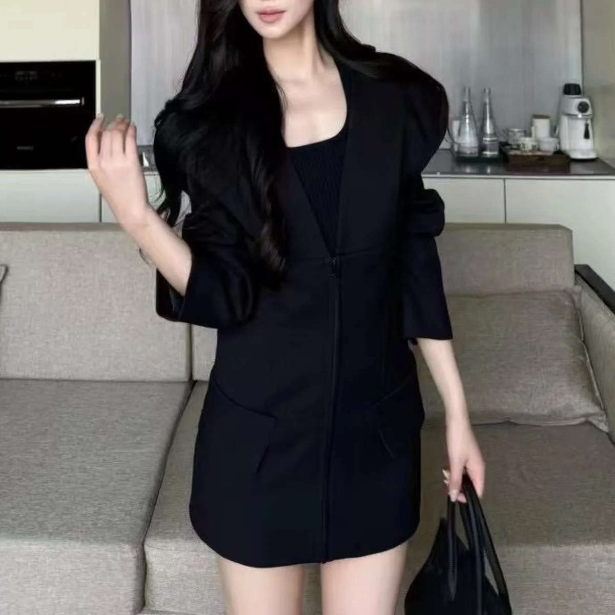 BJTZ V-neck Long Sleeve Slim Blazer Dress For Woman 2025 Spring Autumn New Designer Zipper Female Trendy Clothing