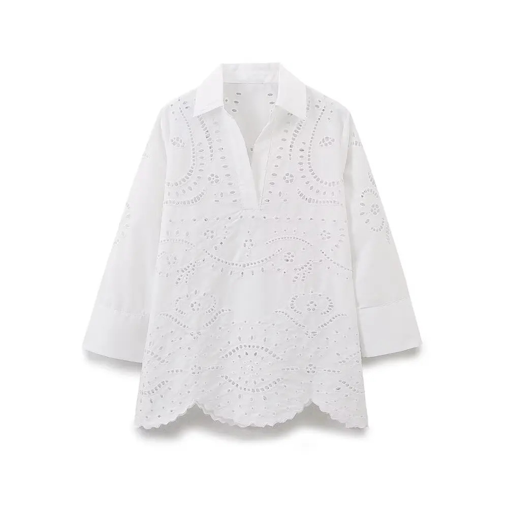 Dave&Di Minimalist Cotton Embroidered Hollowed Out Shirt Women Japanese Style Kimono Blouse Women Pullover Tops