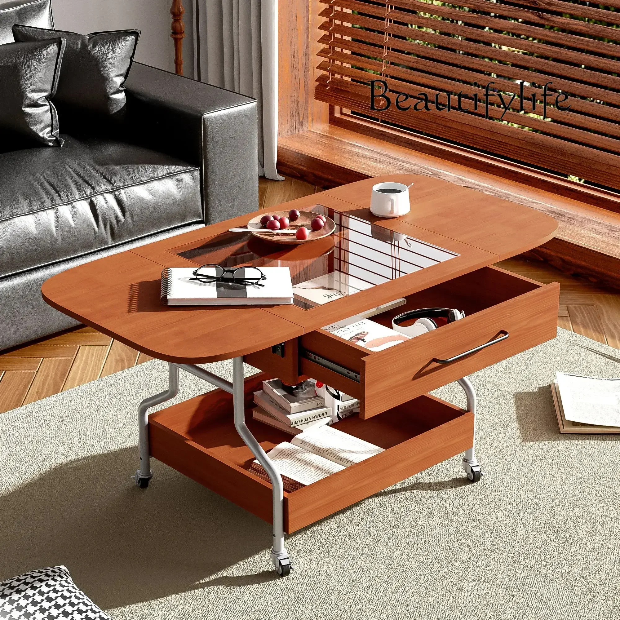 A Modern Extended Coffee Table With Wheels, With 1 Drawer And 2-Tier Storage, Metal Frame Wood Coffee Table