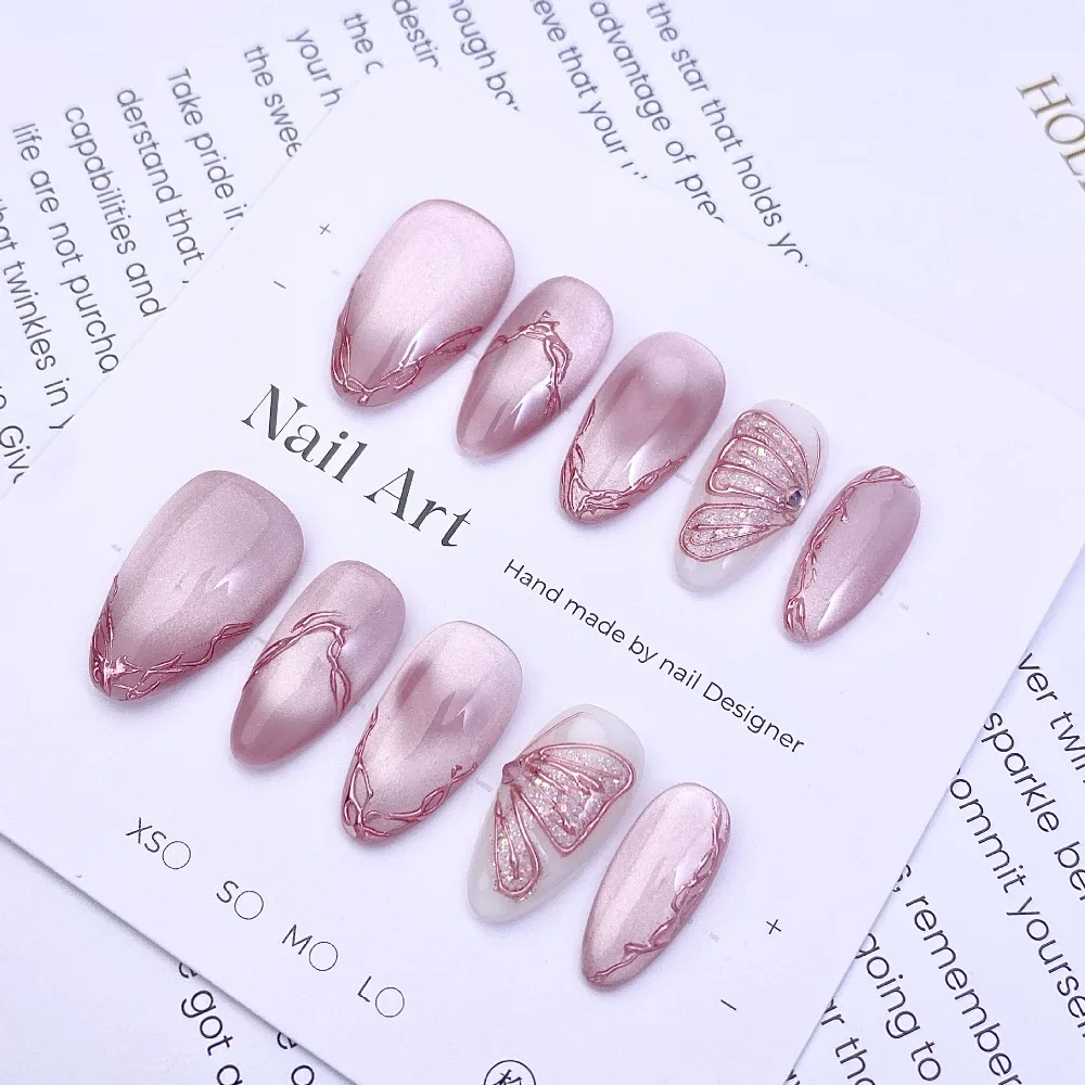 10 قطع إطار وردي لطيف مصنوع يدويًا من الكروم اضغط على الأظافر اللامعة على شكل فراشة ماسية مخملية أظافر وهمية قابلة للإزالة وقابلة لإعادة الاستخدام #2