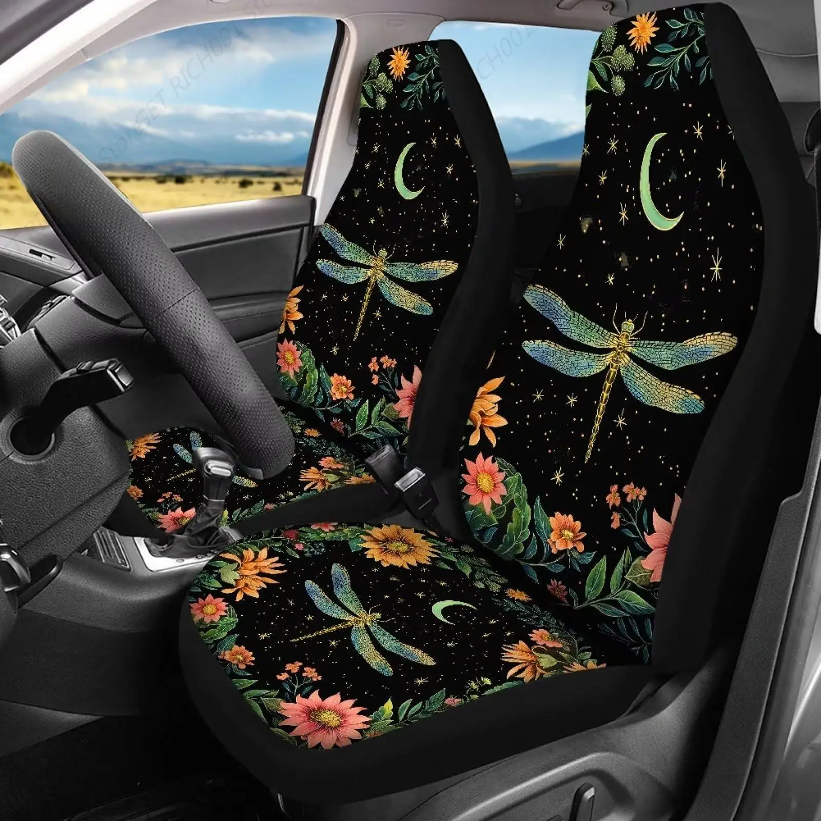 Pokrowce na siedzenia samochodu Dragonfly Moon Flower Print, nieblaknący zestaw 2-częściowych, zmywalnych, unisex — zdjęcie 2