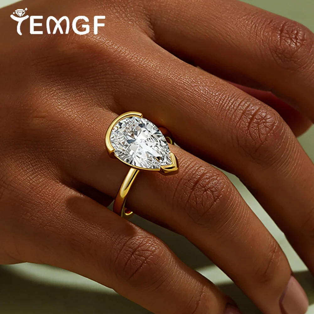 

TEMGF Luxury 4CT Pear Cut Zircon/Moissanite Ring for Women 925 Silver Half Bezel Set Diamond Solitaire Wedding Bands Jewelry