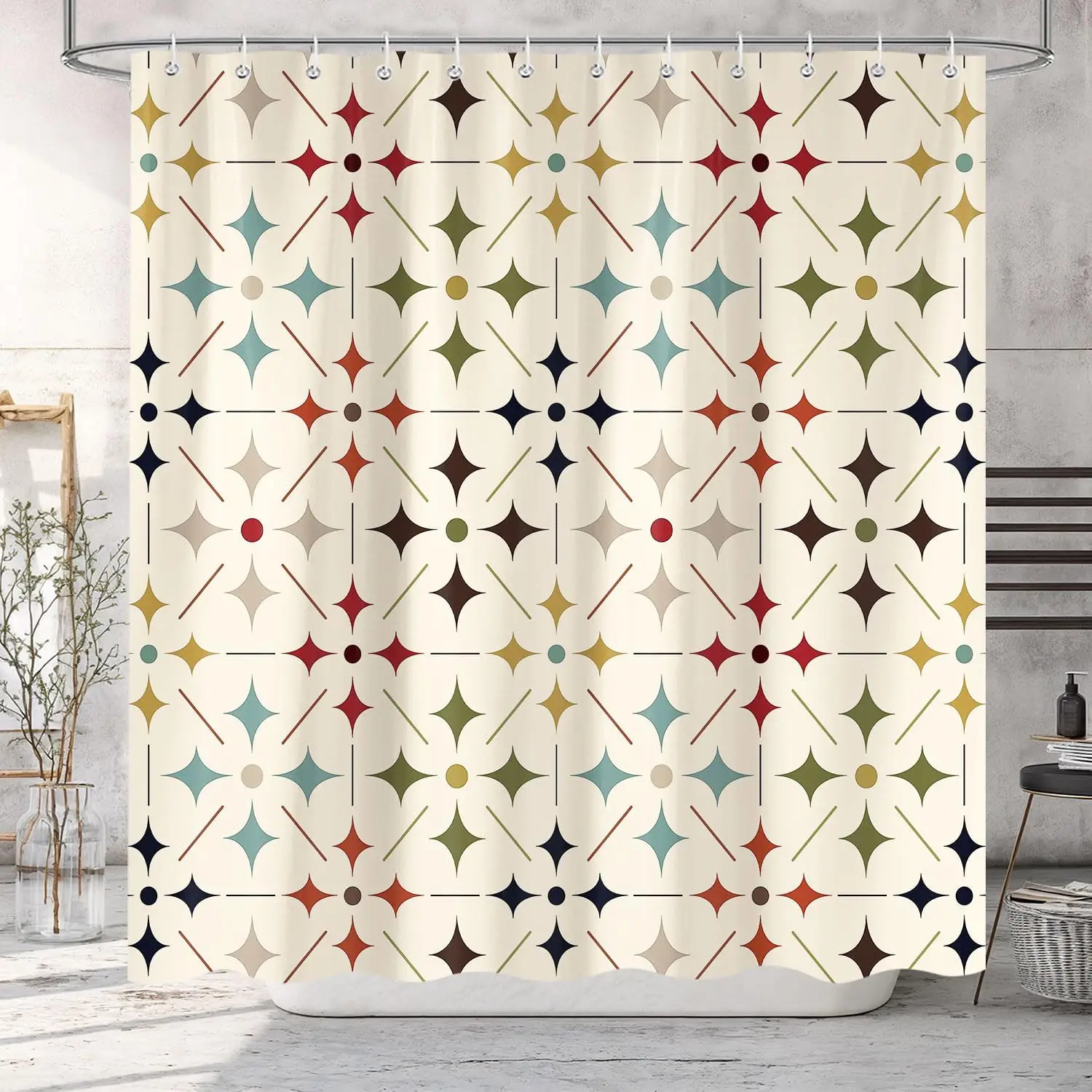 

Mid Century Shower Curtain Vintage, Retro Geometric Boho Modern Fabric Bathroom Decor, Colorful Abstract Aesthetic Art Curtain