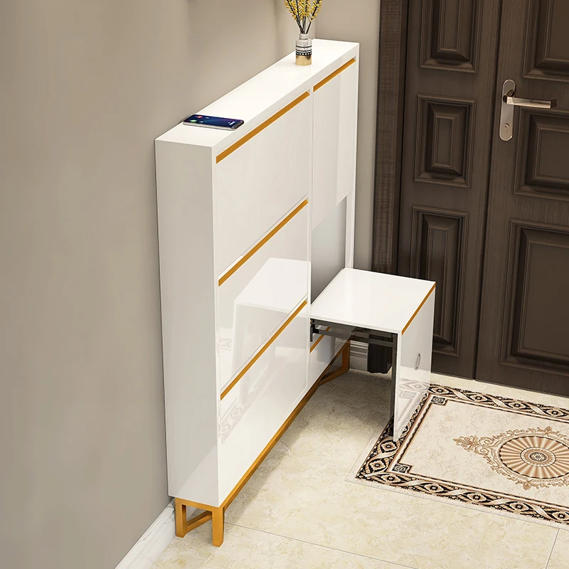 Ultra-thin shoe cabinet with stool and tipping bucket at the entrance of the home. After entering the home