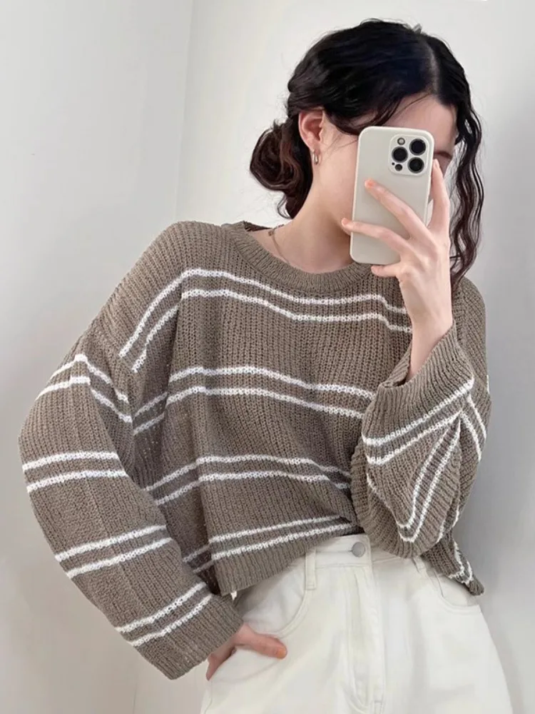 Korean Chic Sweaters Women's Clothes Long Sleeve Casual Jumper Sueter Mujer Korean Knitting Thin Striped Pullovers Pull Femme