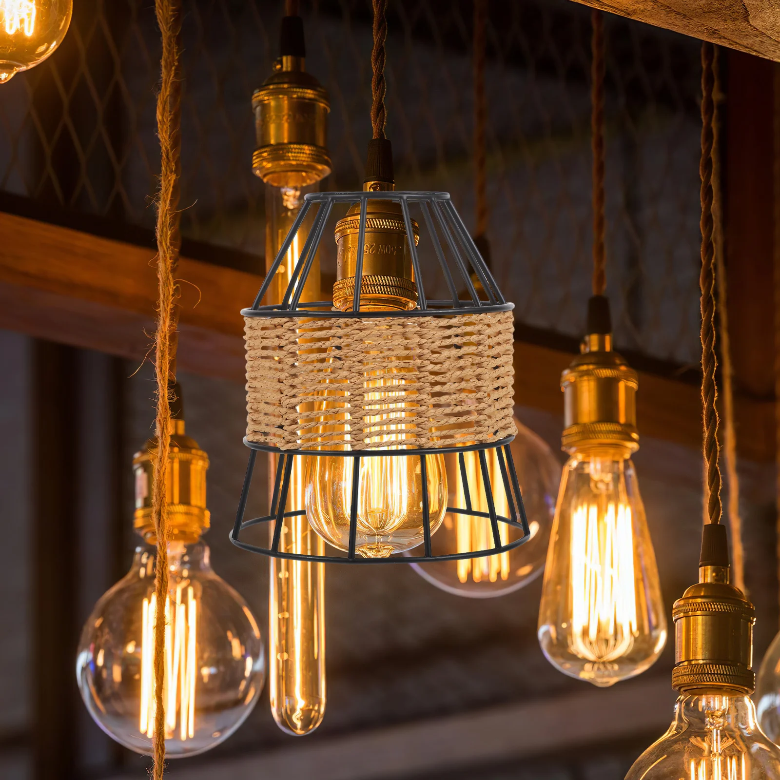 

Woven Paper Rope Lampshade Vintage Iron Wire Lamp Shade Replacement E27 Pendant Ceiling Light Cover for Retro Industrial Lamp