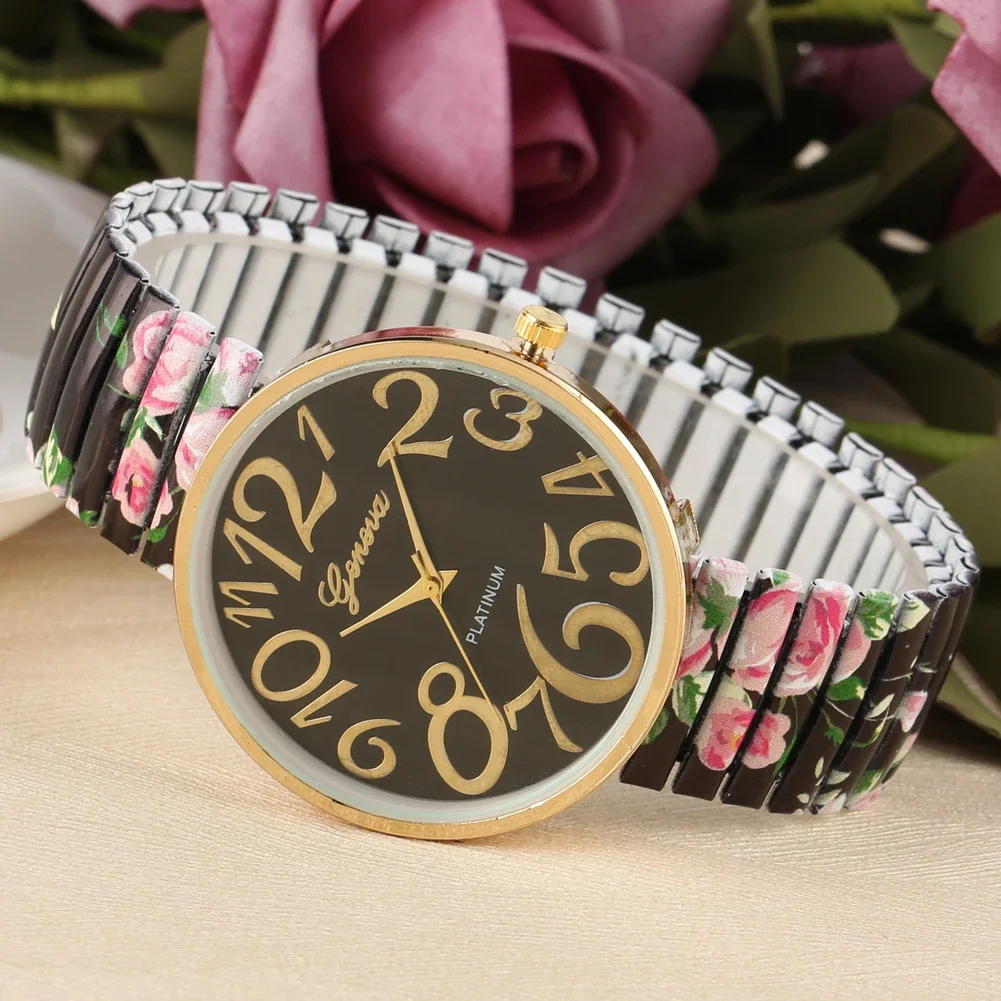 Orologio al quarzo da donna alla moda, quadrante grande con numeri arabi, orologio da polso da donna, cinturino con stampa elastica unica, orologi da ragazza Reloj Mujer