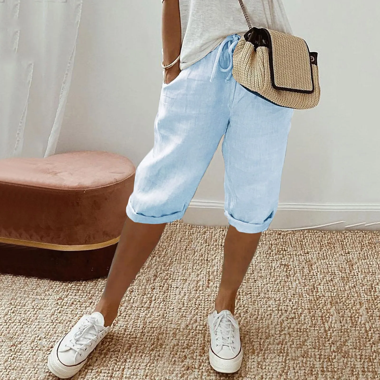 Summer Solid Color Pockets Calf-Length Females Pants Drawstring Straight Casual Prairie Chic Low Waist Women Trousers