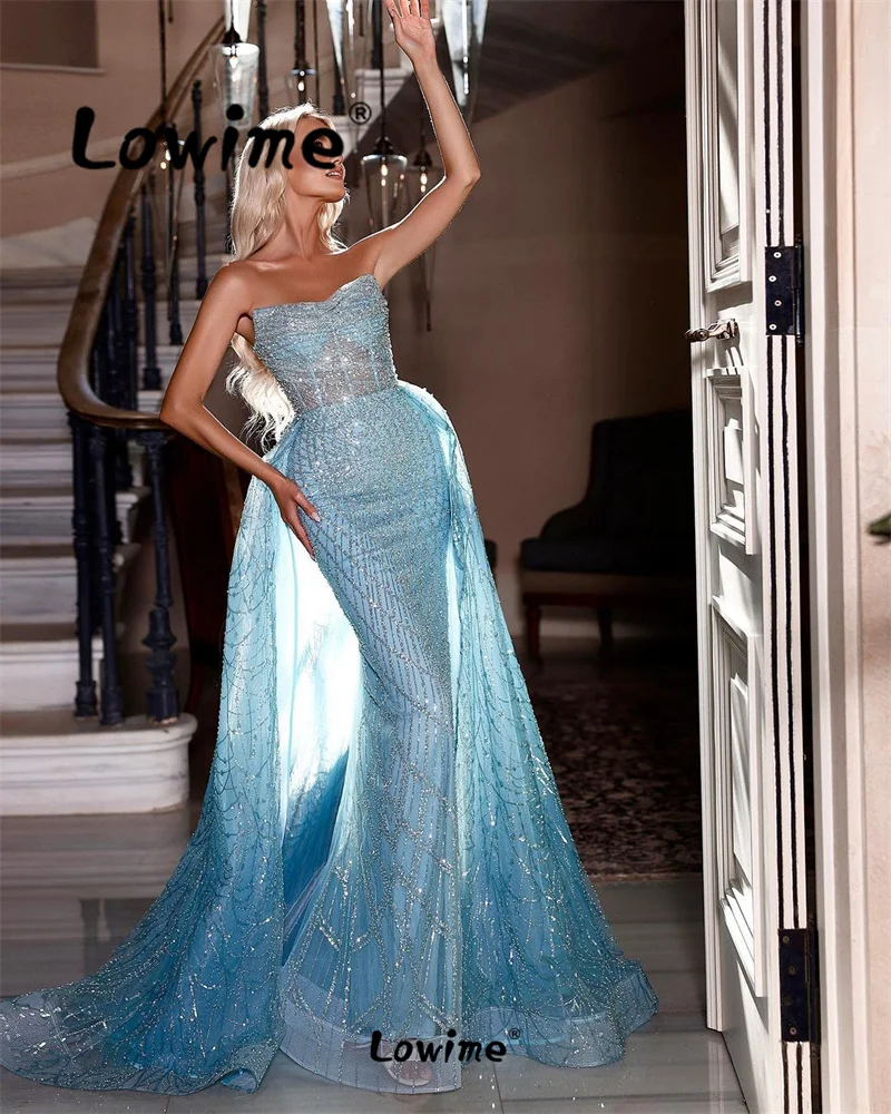 Robes 2024 Blue Prom Dresses With Detachable Train Shiny Sequined Mermaid Long Wedding Party Dress Aso Ebi Arabic Evening Gowns