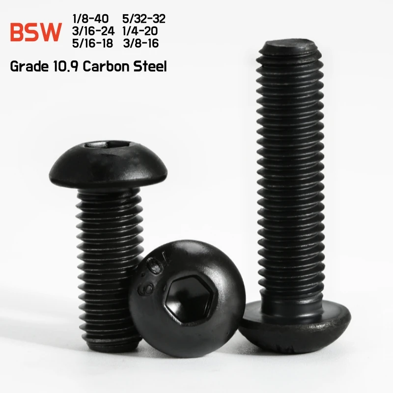 2~10pcs BSW British Standard 1/8 5/32 3/16 1/4 5/16 3/8 Grade 10.9 Black Hexagon Socket Button Head Screw Mushroom Head Hex Bolt