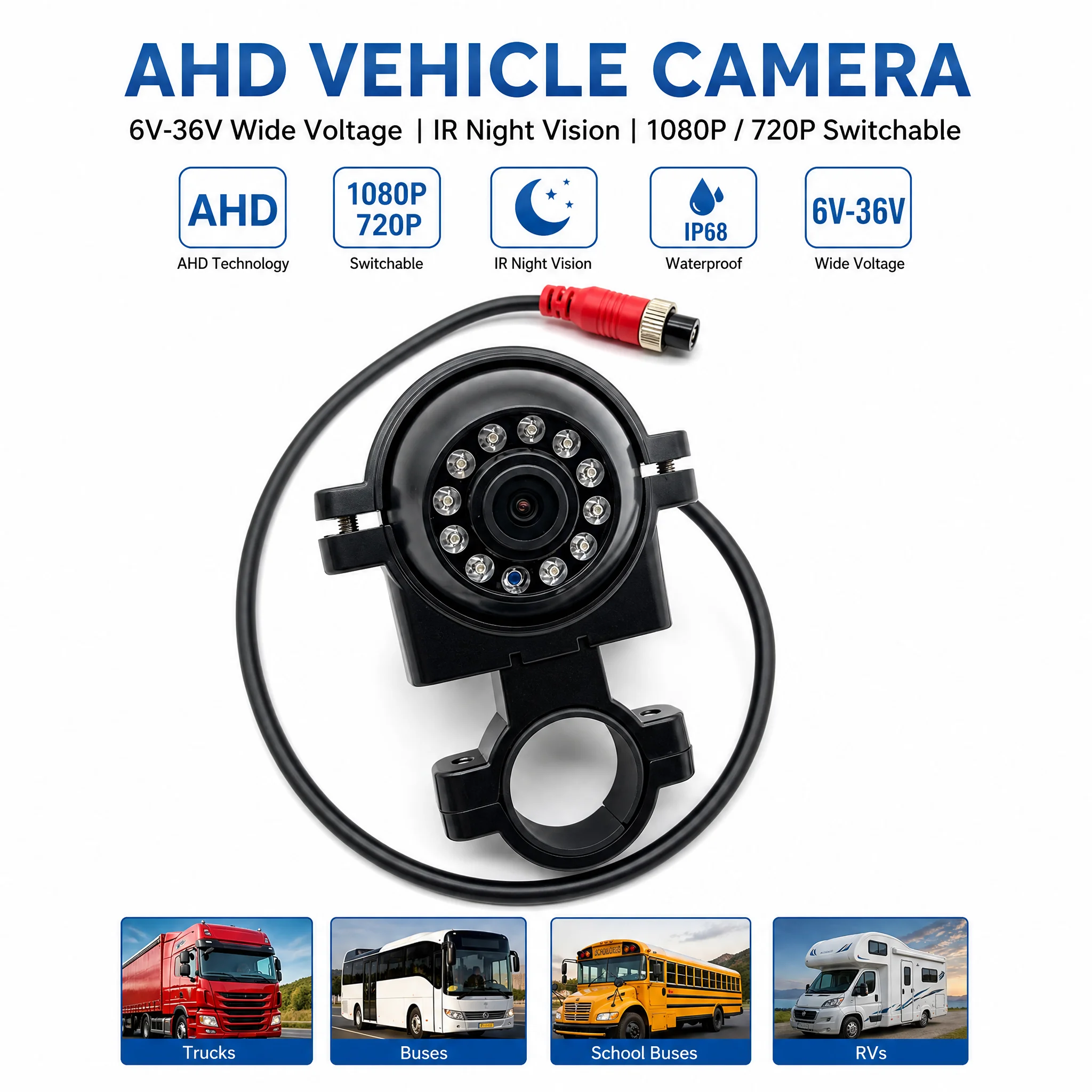 6V36V 1080P AHD Backup Camera Infrared Night Vision Side View IP68 Waterproof Left Right Mount for Bus Truck Trailer
