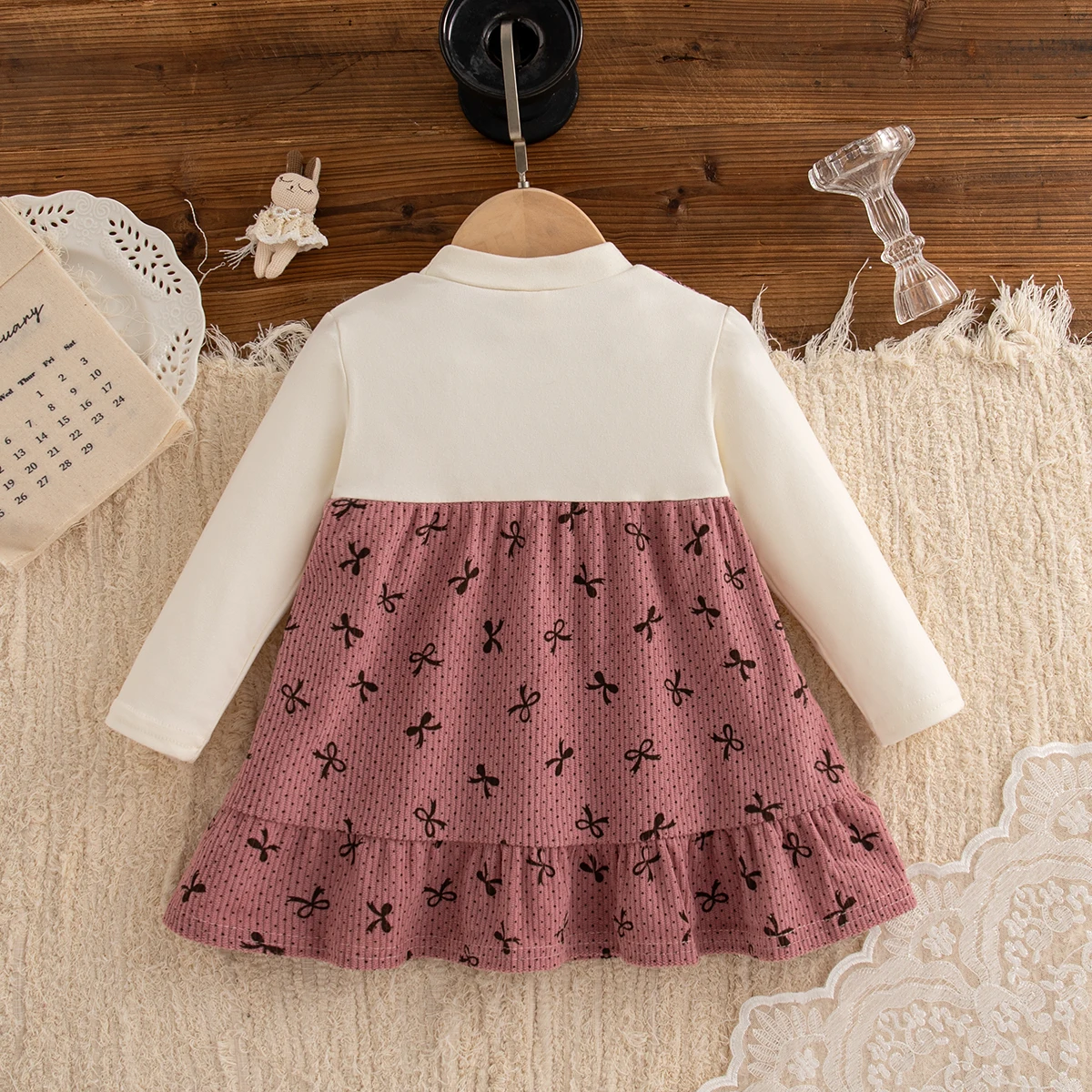 Baby Girl Clothes Spring And Autumn Cartoon Rabbit And Bow Pattern Fake Two Pieces Baby Girl Dress Cute Casual Girl Kid's Dress