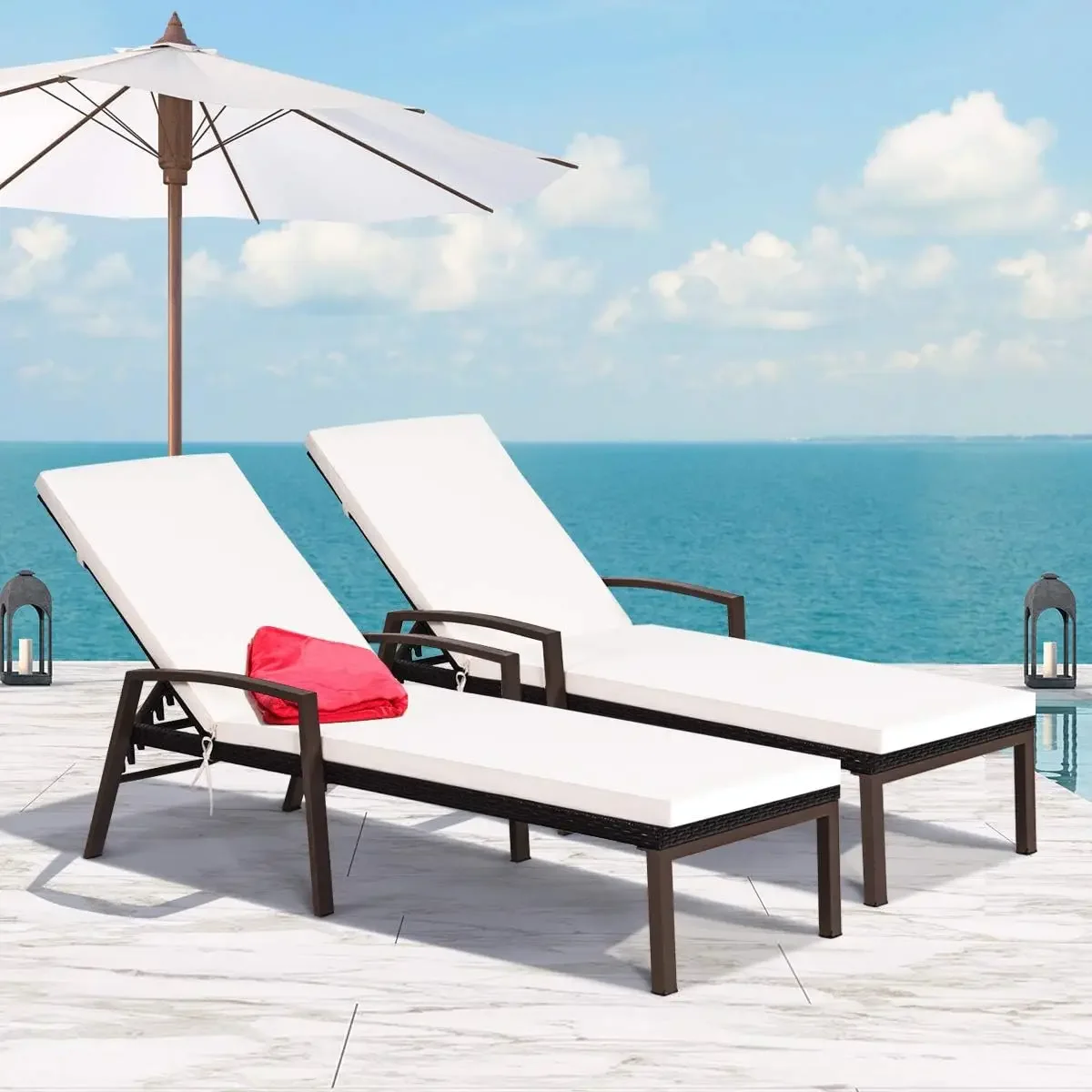 Set of 2 Patio Furniture Outdoor Rattan Wicker Lounge Chair Set Adjustable Poolside Chaise with Armrest and Removable Cushions