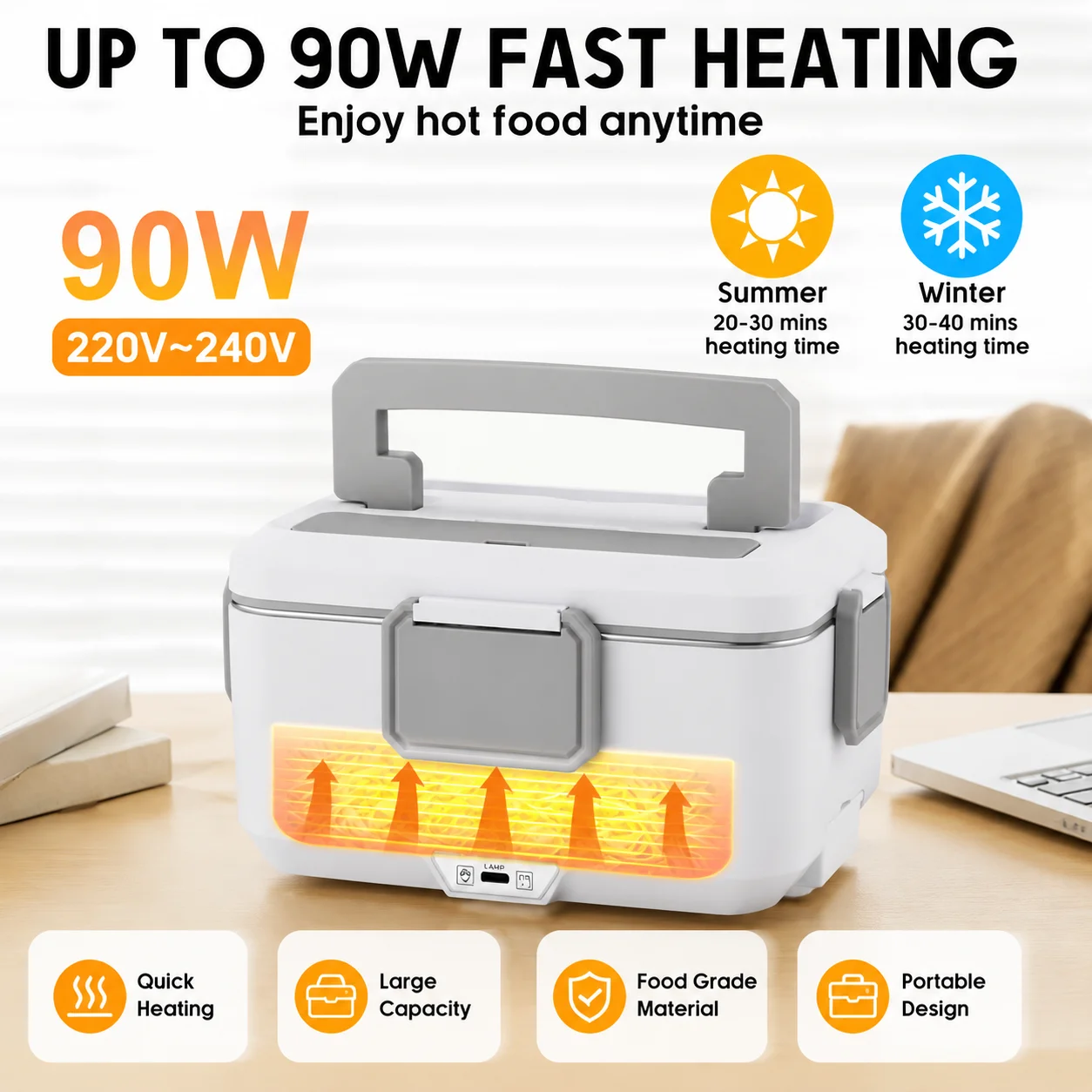 2,5L Elektrische Lunchbox, 90W Schnellheizende Essenswärmer, 304 Edelstahl-Behälter, Tragbare Beheizte Bento-Box, EU-Standard 220V & 12V/24V für Auto, LKW, Zuhause, Büro, Reisen, mit Edelstahl-Gabel, Löffel & Isoliertasche – Detail 4
