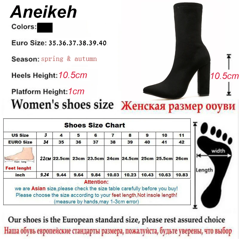 Aneikeh Black Faux Suede Square Heels Mid-Calf Women Pumps Boots Spring Fashion Pointed Toe ZIP Sexy Solid Party Size 35-42