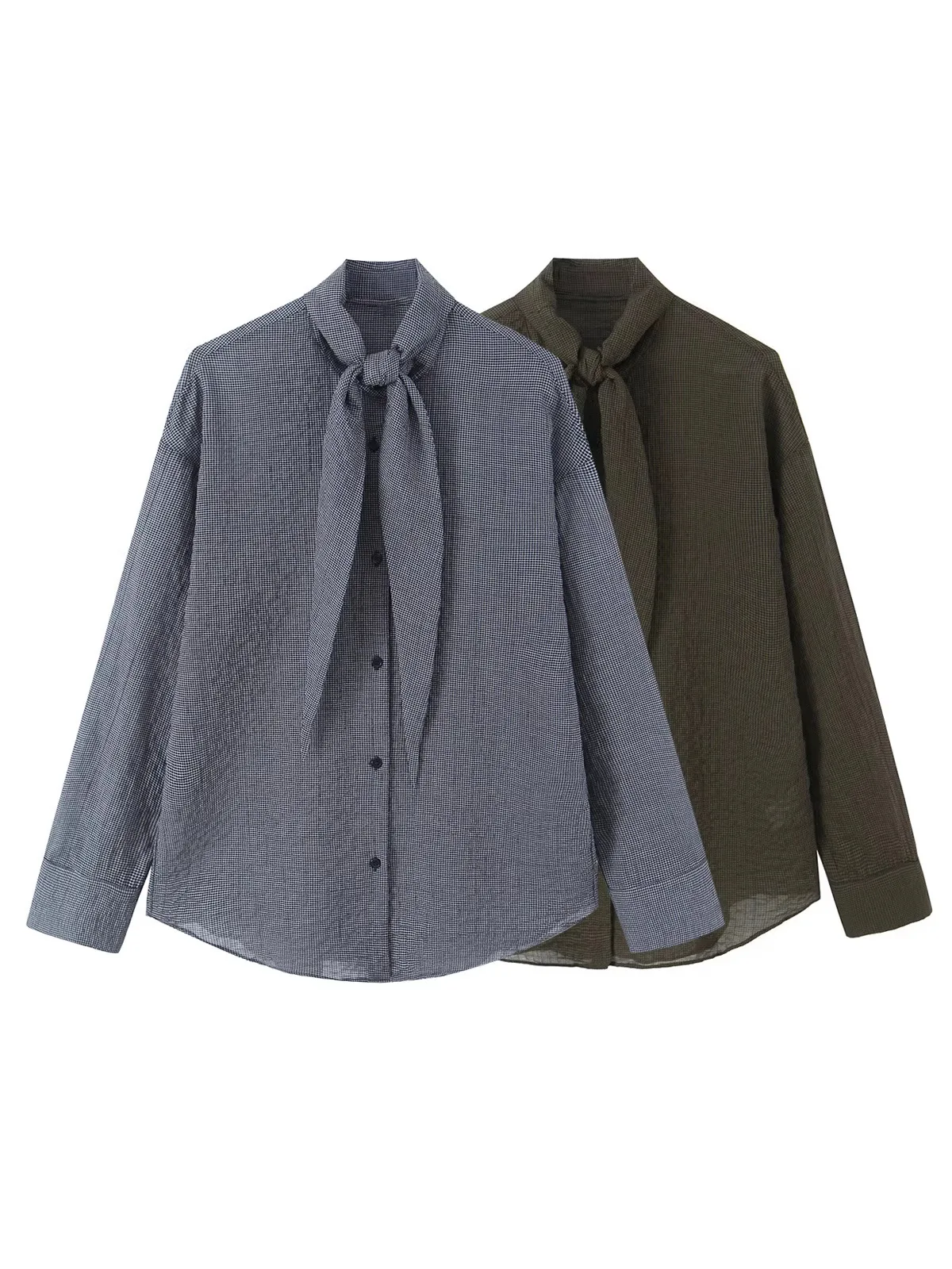 Withered New Asymmetrical Curved Hem Long Sleeved Round Neck Plaid Scarf Shirt Blouses Women's Clothes Shirts Tops