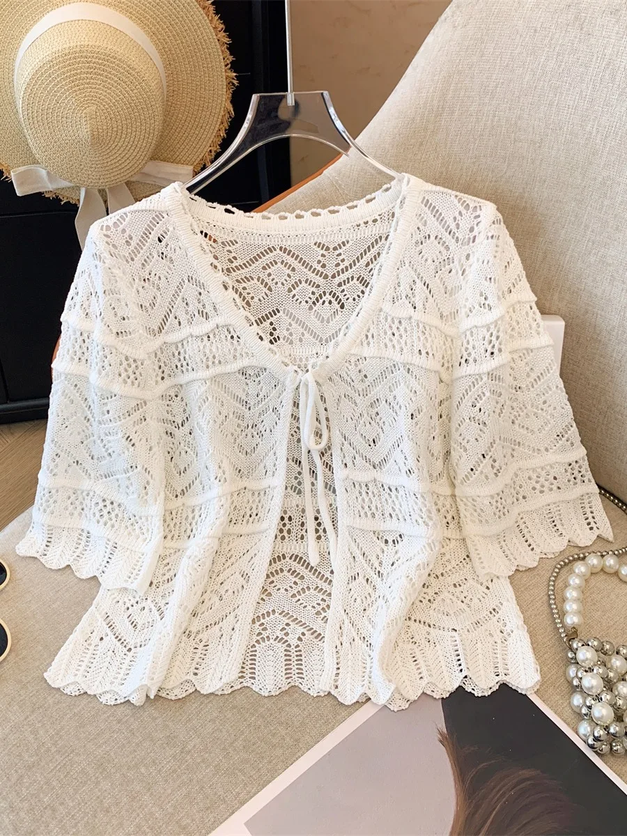 

Bohemian Style Knitted Hook Flower Design Women's Top Summer Outerwear Sun Protection Coat Belted Shoulder Five-Quarter Sleeve